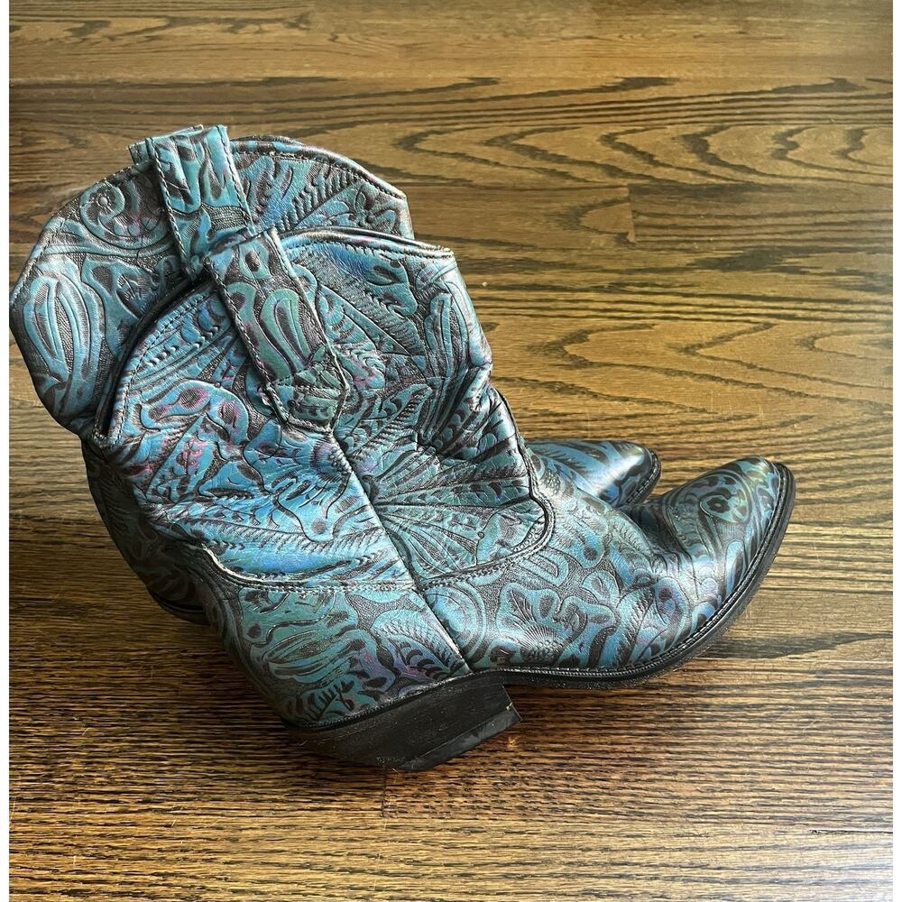 Zodiac USA Women’s Leather Turquoise Tooled Western Cowboy Booties Sz. 8 Western